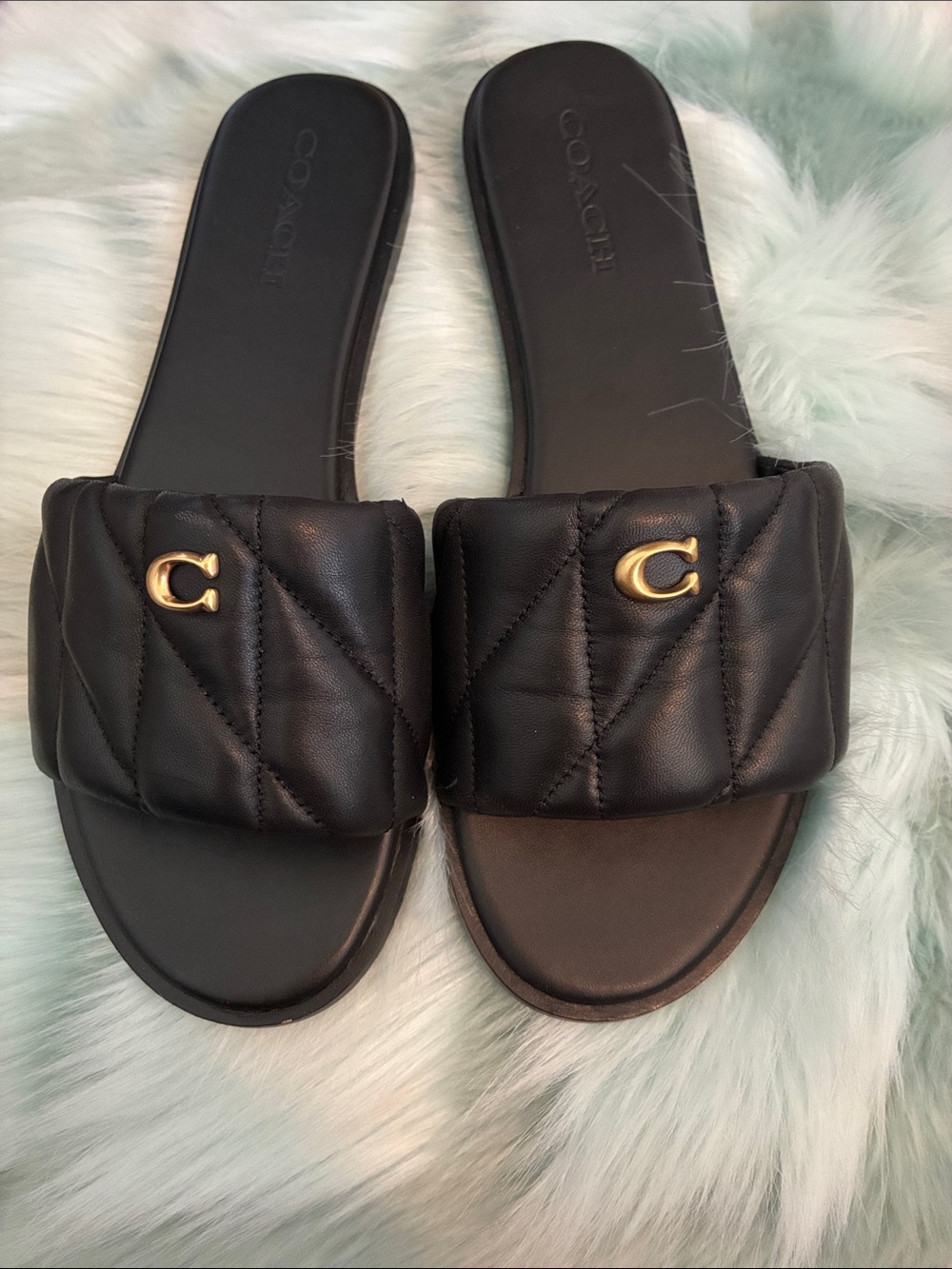 Coach Black Quilted Slide Sandals with Gold C Emblem
